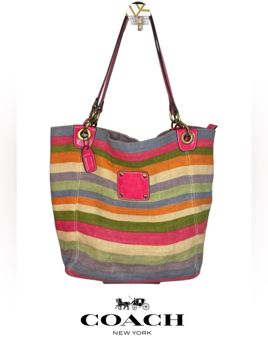 Coach Handbags - Coach HTF Legacy Striped Multicolor Woven Tote Bag with Pink Patent Leather Trim